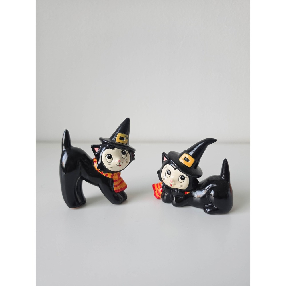 Vintage Lefton Halloween Black Cat Figurines Witch Hat Scarf Kitsch, Set of 2